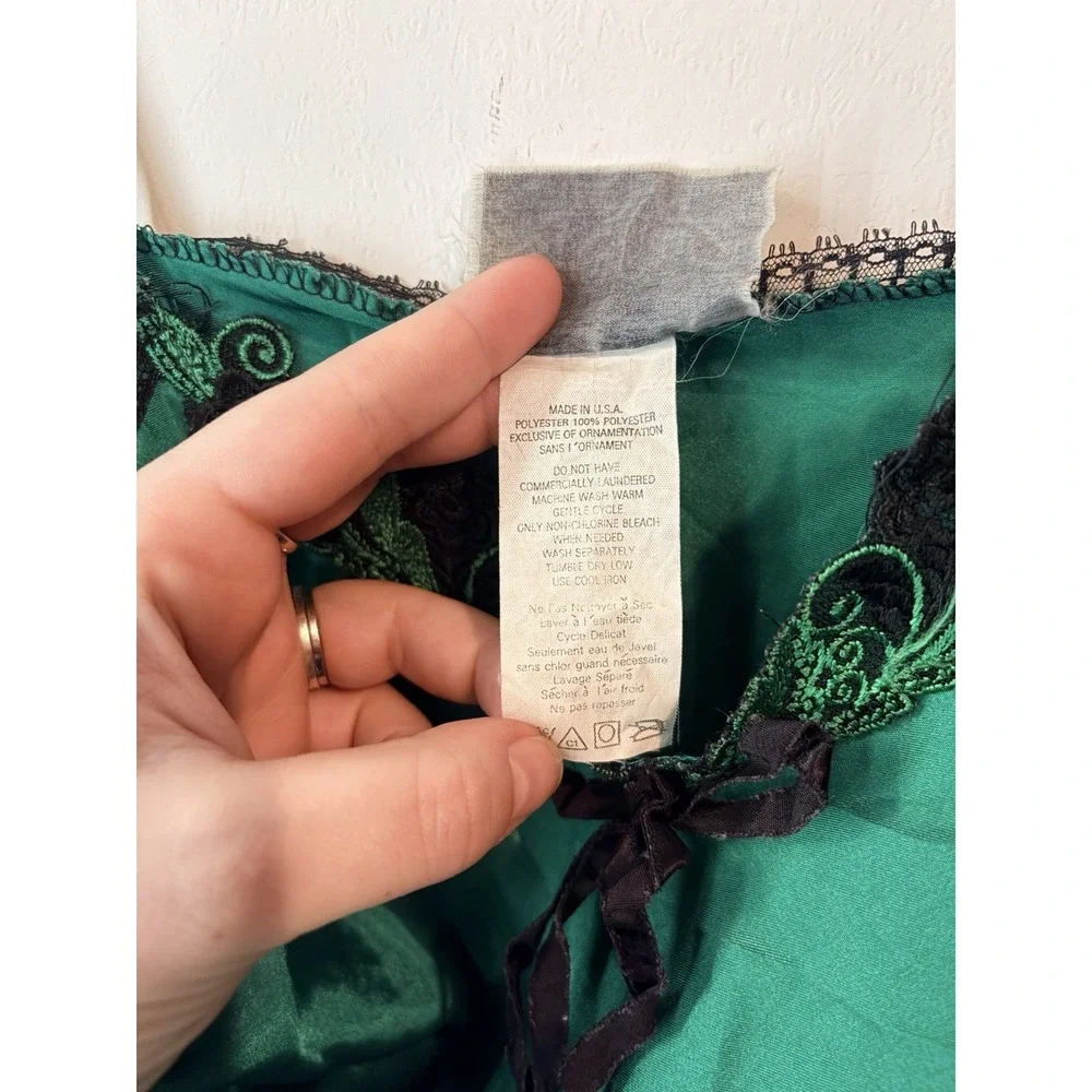 Vintage Satin Slip Lingerie Dress Nighty‎ Green Lace Trim Medium Made In USA